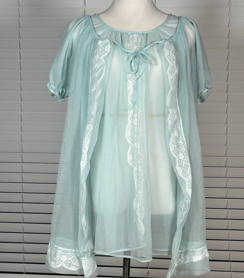 Conjunto PEIGNOIR de chiffon azul década de 1950 camisola e roupão ~tamanho grande - Imagem 1 de 4