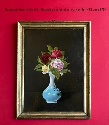 Antiguo bodegón escolar danés - Rosas en florero azul - aceite c.1850 - certificado de autenticidad Foto 1 de 4