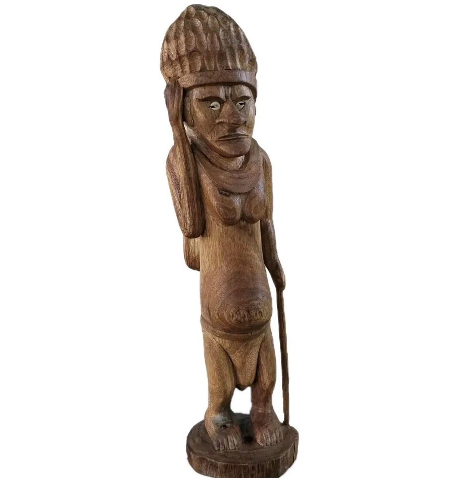 Vtg Hand Carved Wood Pacific Island Statue Figurine Papua New Guinea Shell Eyes - image 1 of 4