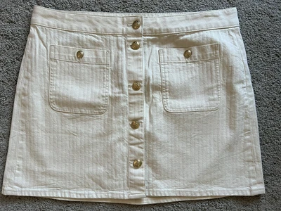 J. Mini-saia jeans texturizada Crew em ecru CA479 elástica 30 bolsos nova com etiquetas $98 - Imagem 1 de 4