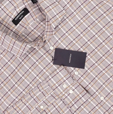 Camisa Nordstrom Hombres XL 17 Gris Tostado Cuadros Cuadros Rejilla Ajuste Algodón Cachemira Nueva Foto 1 de 4