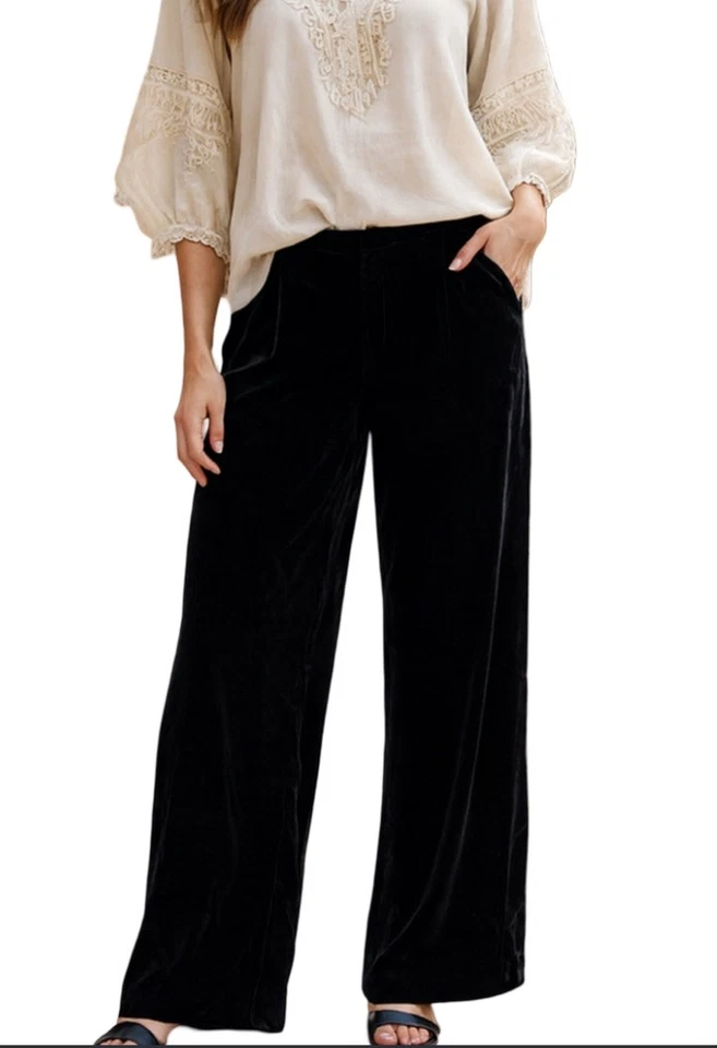PANTALONES DE PIERNA ANCHA DE TERCIOPELO DE SEDA NEGRO JOHNNY WAS M - BOHO CHIC, SUAVES Y ELEGANTES Foto 1 de 4