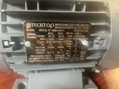 Techtop Cobra Electric Motor 1/.075 HP 1800 Rpm 1745-1430-230/460 Volt 80B Frame - Image 1 of 2