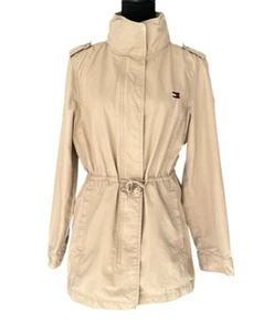 Tommy Hilfiger Women's Hooded Cinched Twill Jacket, 100% Cotton, Tan, Size L - Picture 1 of 23