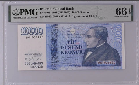 Iceland, Central Bank, 10,000 Kronur 2001 (ND 2013) Note #: ICE61 Serial #: H010 Cover