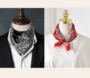 Men's 100 Silk Scarf Cravat Paisley Square Neckerchief Hair Wraps Black Red - Picture 1 of 16