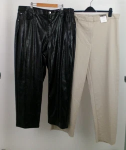 M&S Women's Trousers Size 20 x 2 Beige Black Leather Look Wide Leg NEW F2 - Picture 1 of 8