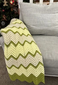 Vtg Hand Made Crochet  Afghan Throw Blanket  56” X 81”  Green Yellow LARGE Retro - Picture 1 of 16
