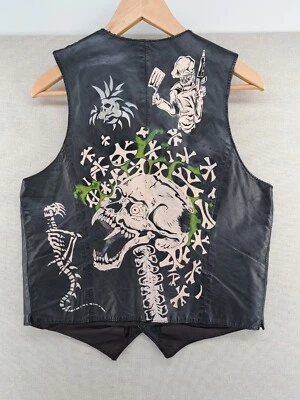 Vtg Leather Motorcycle Vest 40 Small Black Skull Bones Skeleton Painted Biker - Image 1 of 4
