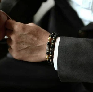 Armband 2er Set Herren Unisex Elegant Lava Stein Schwarz Gold Perlen Flexibel - Bild 1 von 1