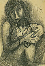 Drawing Hugo Kiessling Woman Child Monogrammed Height K Dated 1964