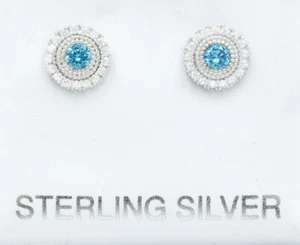 LAB CREATED 0.38 Cts BLUE TOPAZ & W/SAPPHIRE STUD EARRINGS .925 Silver - NWT - Picture 1 of 3