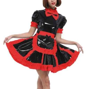 Puff Short-sleeve Lockable Lolita Maid Dress with Bow Apron Sissy PVC Maid Dress - Picture 1 of 24