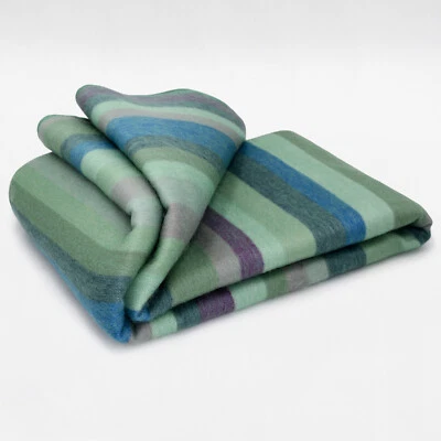 COZY STRIPED ALPACA WOOL BLANKET 97" x 68" - AQUATIC STRIPES IN BLUE & GREEN - Image 1 of 4
