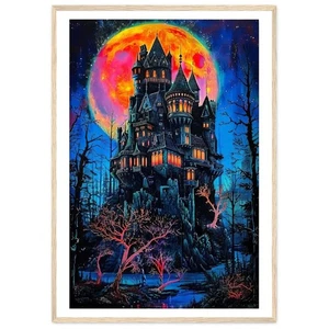Maximalist Gothic Castle Art Poster Vibrant Draculas Castle Black Light Wall - Picture 1 of 7