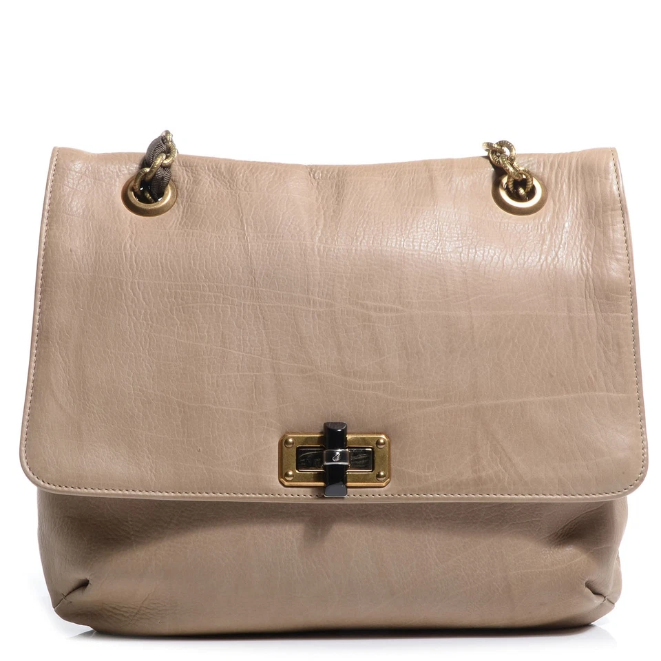 Bolso Lanvin Paris Happy Beige Cuero Mediano Cadena Dorada 2 Vías Solapa de Hombro Foto 1 de 4