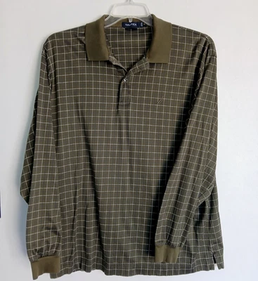 Camisa Polo NAUTICA XL Para Hombre Manga Larga 100% Algodón Tejido Verde Oliva Cuadros Foto 1 de 4