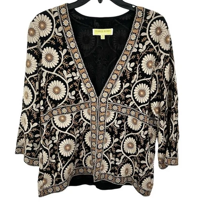 SIGRID OLSEN Embroidered Floral JACKET XS Boho Brown Artsy Statement Lagenlook - Image 1 of 4