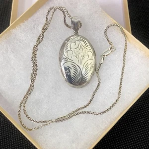 Vintage Sterling Silber graviertes Medaillon an Sterling Silber Weizen Kette Halskette - Bild 1 von 16