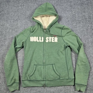 Hollister Hoodie XL Green Sherpa Lined Full Zip Sweatshirt Y2K (Measures Small) - Picture 1 of 14