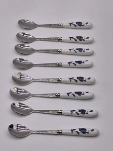 Set of 8 Ceramic Handle Dessert Spoons 6" Blue Flowers Stainless Steel 18-10 - Picture 1 of 6