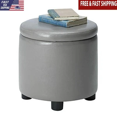 Round Storage Ottoman Reversible Tray Lid Foam Cushion Sturdy Wood Frame New - Image 1 of 4