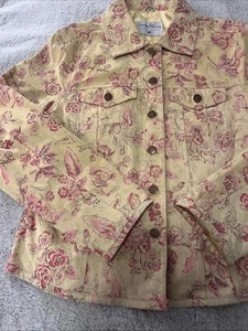 Pamela McCoy Jacke Damen Medium gelb rosa Blumen vorne Trucker Leder - Bild 1 von 11