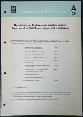 VW Dienst Technische Mitteilung A26, Einbau Trennwand in VW-Kastenwagen, 1963 - Bild 1 von 3