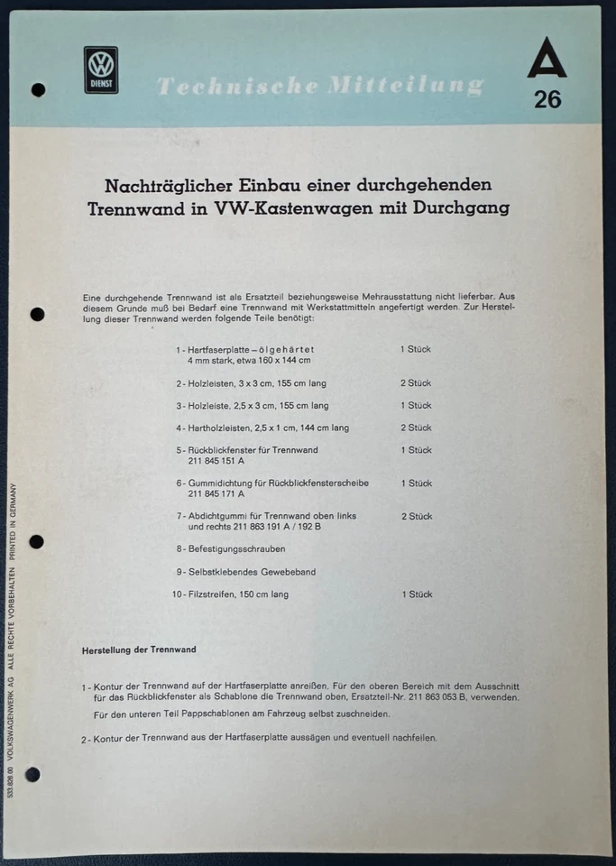 VW Dienst Technische Mitteilung A26, Einbau Trennwand in VW-Kastenwagen, 1963 - Bild 1 von 3