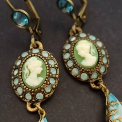 Michal Negrin Earrings Pastel Ice Blue Cameo Victorian Revival Crystals Romantic - Image 1 of 4
