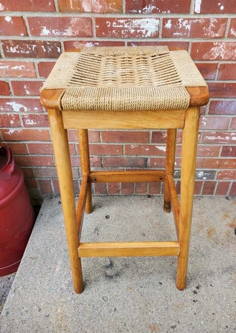 Vintage Bar Stool Solid Oak Braided Rope Weaved Seat Cover