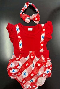 4th of July Patriotic Baby Girls Ruffle Romper Headband Outfit Set - Picture 1 of 3