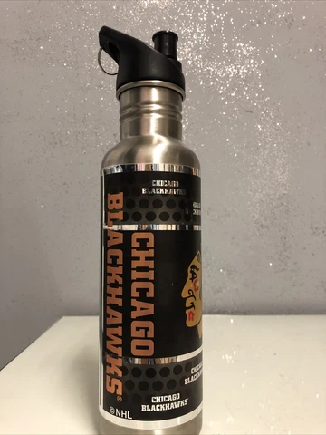 CHICAGO BLACKHAWKS METAL WATER BOTTLE Shiny BRAND NEW Cover