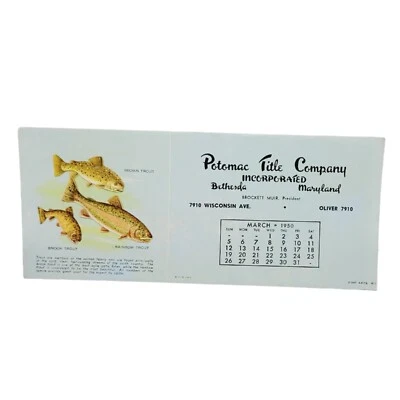 Calendario Blotter Tinta Años 50 Potomac Título Co MD Trucha Pez Arte y Descripción Foto 1 de 4