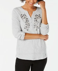 Style & Co Flower Embellished Top T-Shirt Sequins Grey Heather Womens XS New $44 - Picture 1 of 5