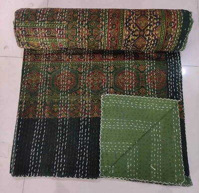 Indian Ajrakh Print Throw Blanket Hippie Green Color Embroidery Bedspread king - Image 1 of 4