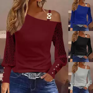 Women Cold Shoulder Lace Long Sleeve Tops Ladies Casual Loose T Shirt Blouse US - Picture 1 of 19