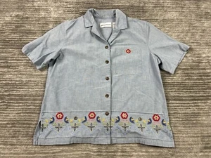 Vintage Alfred Dunner Top Womens 10 Blue Floral Embroidered Button Up Cotton - Picture 1 of 12