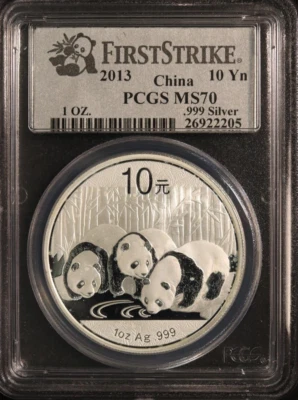 2013 PCGS MS70 China Panda 10 Yn 10 Yuan 1oz .999 Silver Coin MS-70 First Strike - Image 1 of 3