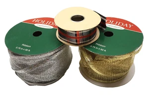 3 Roll Holiday Inspirations Silver & Gold Christmas Ribbon 3.75" x 50ft & Plaid - Picture 1 of 6