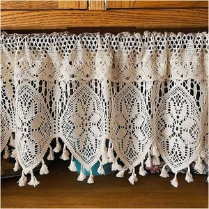 Rustic Crochet Lace Kitchen Window Curtain Valance Cafe Tiers Farmhouse Decor - Picture 1 of 33