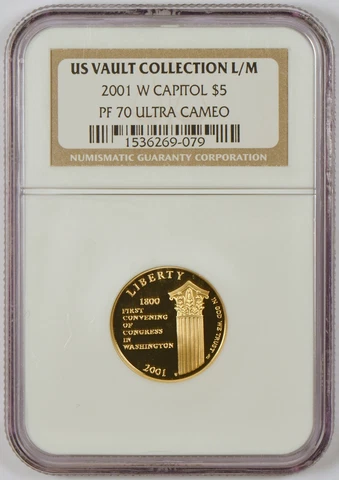 2001-W $5 Capitol Visitor Center Commem Proof Gold Coin, NGC PF70 Ultra Cameo Cover