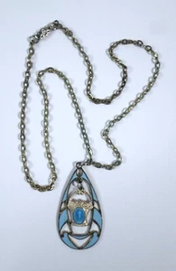 Antique CATHOLIC MIRACULOUS MEDAL NECKLACE Blue Enamel in Flower Basket Frame - Picture 1 of 9