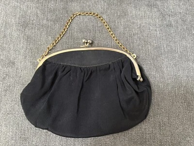 Vintage Black Fabric Evening Purse/Clutch with Gold Clasp/Chain - Unbranded - Image 1 of 4