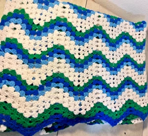 Vintage Afghan Chevron Crochet Zig Zag Couch Throw Blue Green Granny 45 x 80 - Picture 1 of 8