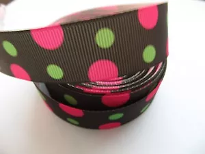 Grosgrain Pink and Green Polka Dot Ribbon 7/8" 22mm - Foto 1 di 1