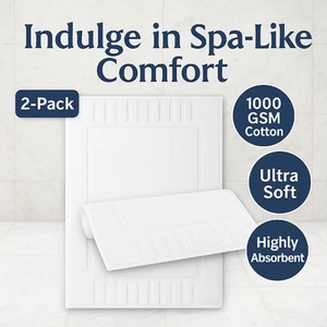 2-Pack White Cotton Bath Mat Towels 22x34 – Hotel Spa Absorbent Bathroom Floor - Picture 1 of 8