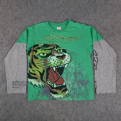 Ed Hardy Shirt Youth Medium Green Gray Tiger Christian Aguilar Boys Vintage Y2K - Image 1 of 4