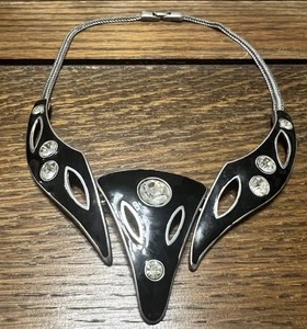 Vintage Silver Black Enamel Modernist Necklace Collar Big Rhinestones Brutalist - Bild 1 von 5