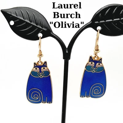 Vintage Laurel Burch Olivia Blue Cat Earrings Gold Plated - Image 1 of 4